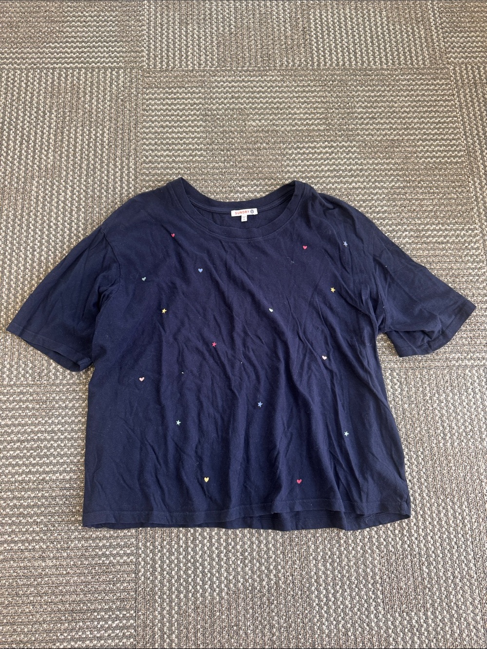 Sundry Navy Cotton Tee with Stars & Hearts, size L